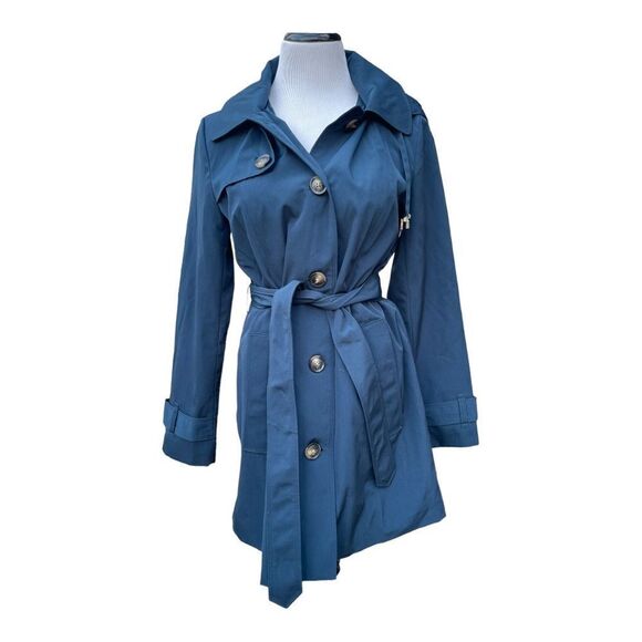 LONDON FOG Teal Blie Trench Coat Tie Waist Short Size Small Hood EUC - Picture 1 of 8